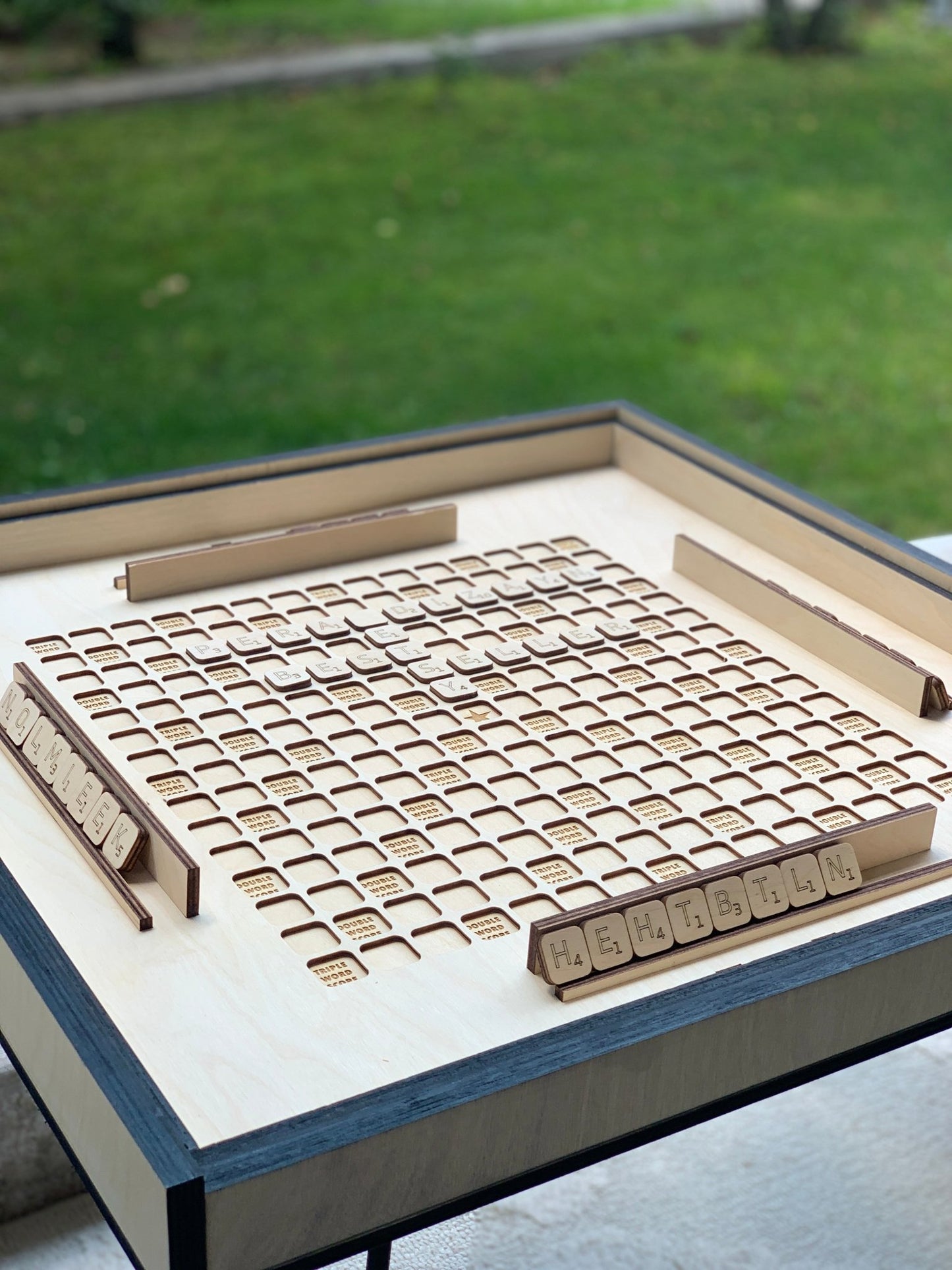 Rustic Scrabble Table with removable top glass, Convertible Coffee, Puzzle, and Display Table Functionality