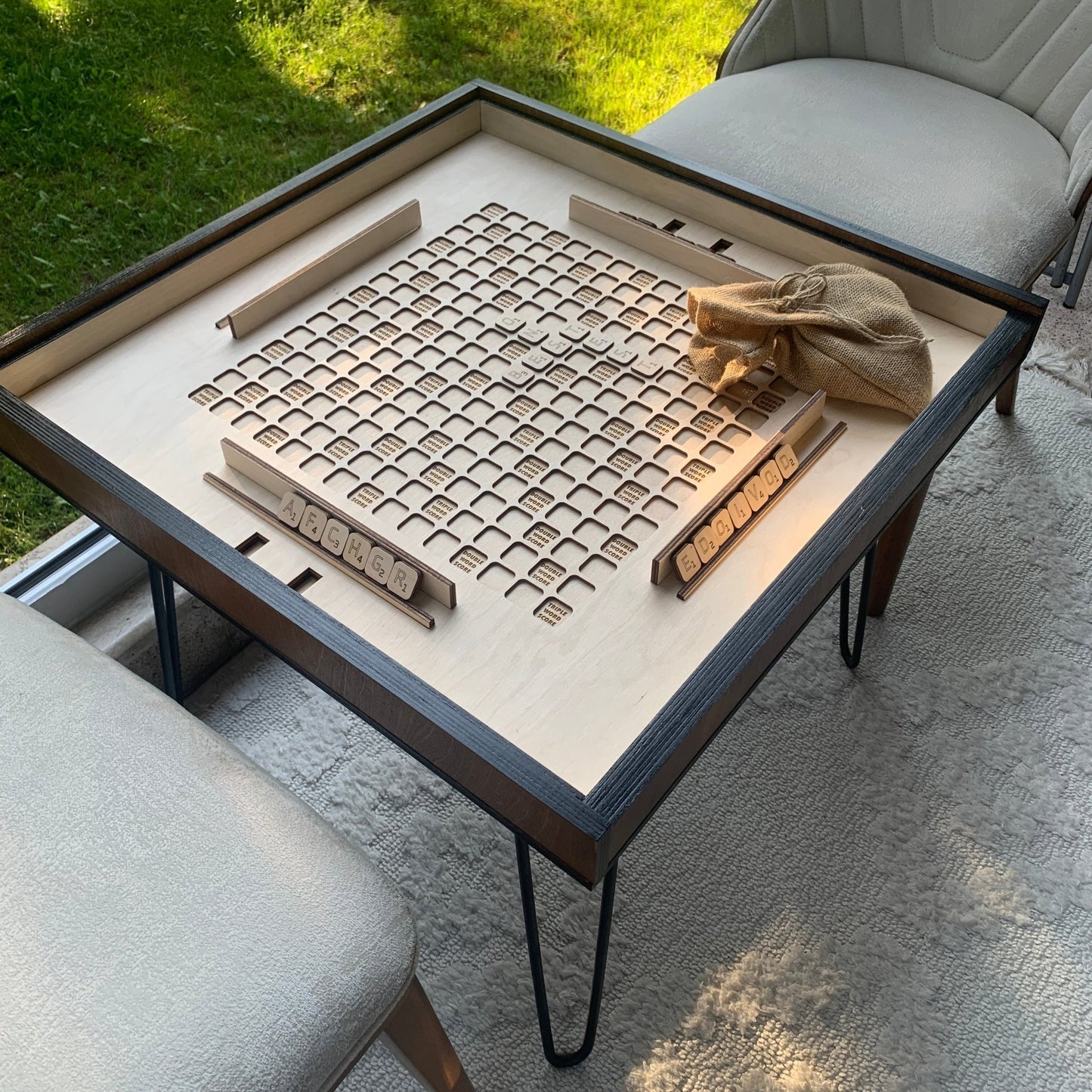 Rustic Scrabble Table with removable top glass, Convertible Coffee, Puzzle, and Display Table Functionality