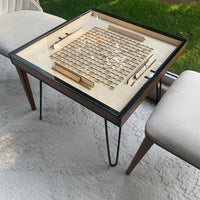 Rustic Scrabble Table with removable top glass, Convertible Coffee, Puzzle, and Display Table Functionality