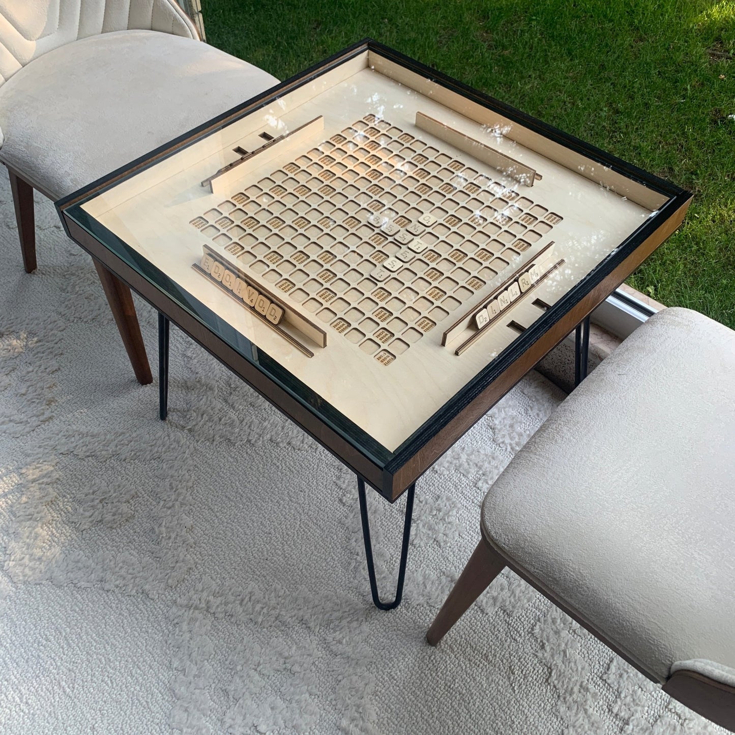 Rustic Scrabble Table with removable top glass, Convertible Coffee, Puzzle, and Display Table Functionality