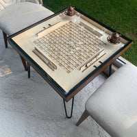 Rustic Scrabble Table with removable top glass, Convertible Coffee, Puzzle, and Display Table Functionality