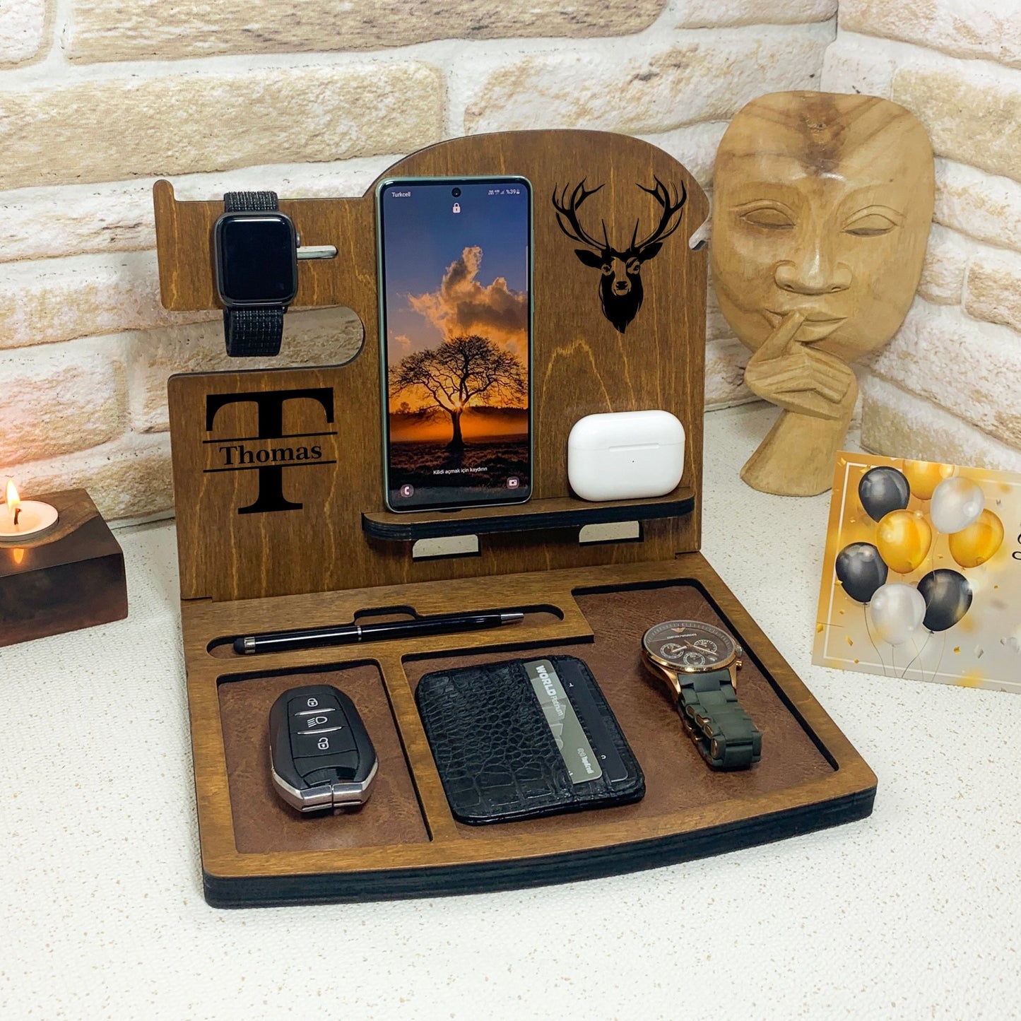 Personalized Brown Wood Docking station. Unique gifts for men.