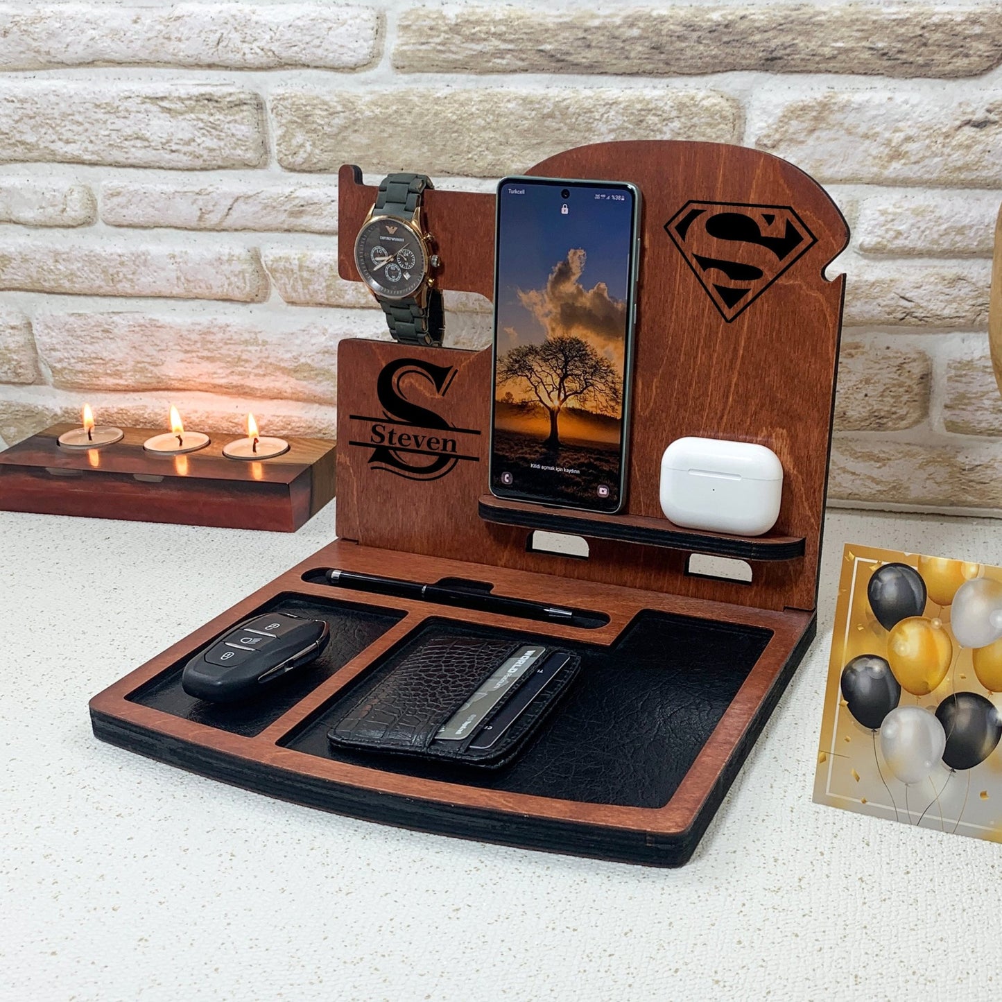 Personalized Mahogany Wood Docking station. Unique gift idea for men.