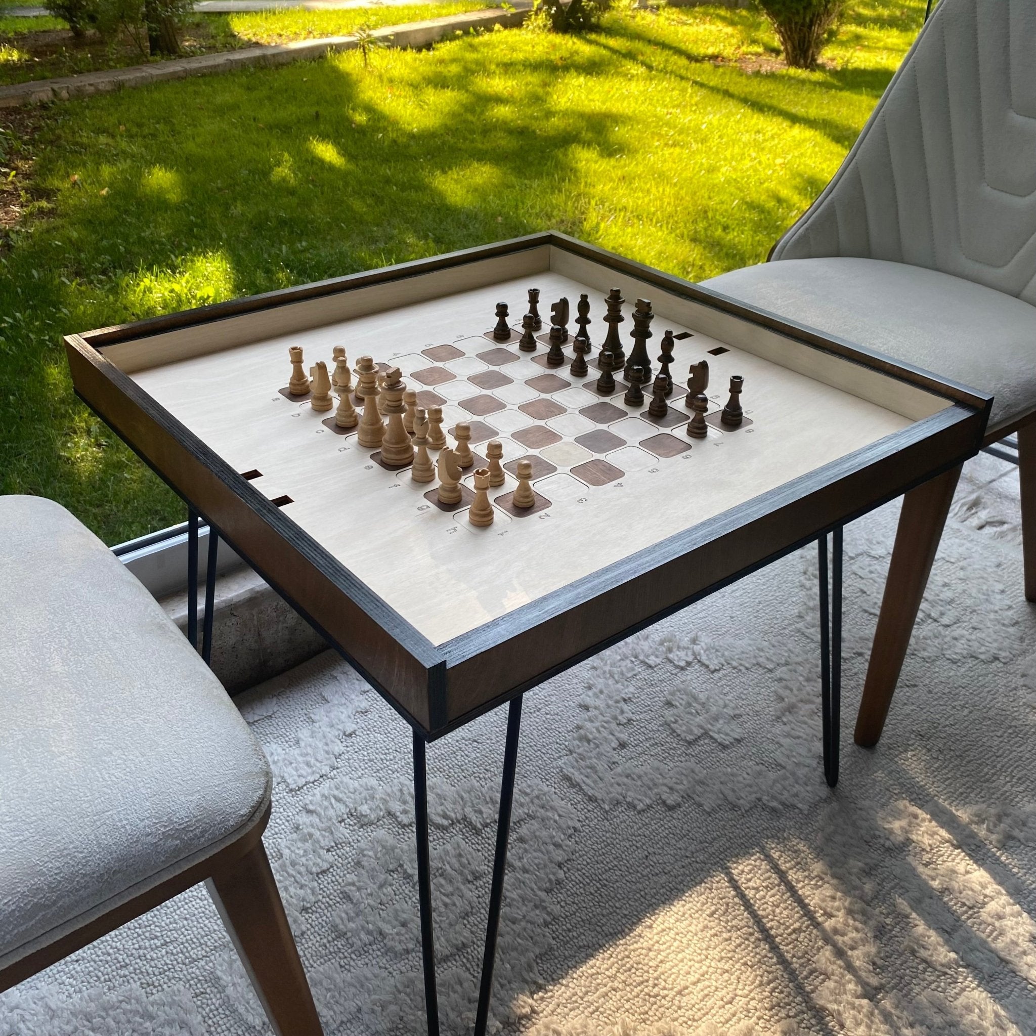 Chess Coffee Table with Removable Glass Top & Chess Pieces – Stylish Modern Game Table for Home Décor and Board Game Enthusiasts