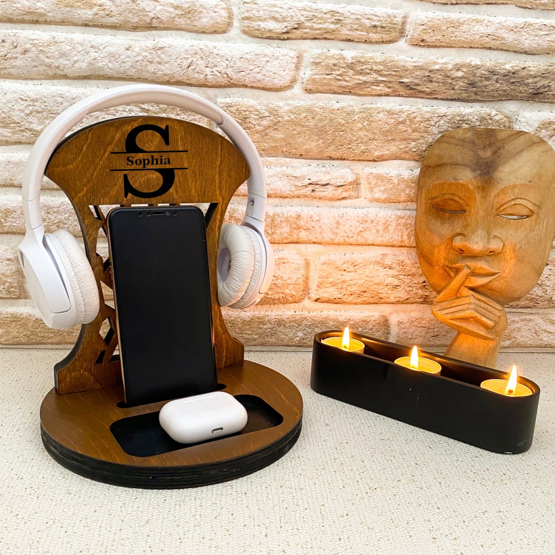 Personalized Wood headphone Stand and phone holder Venocci, Gifts for her, Gifts for daughter, gifts for wife, valentines day gifts, teen girl gifts