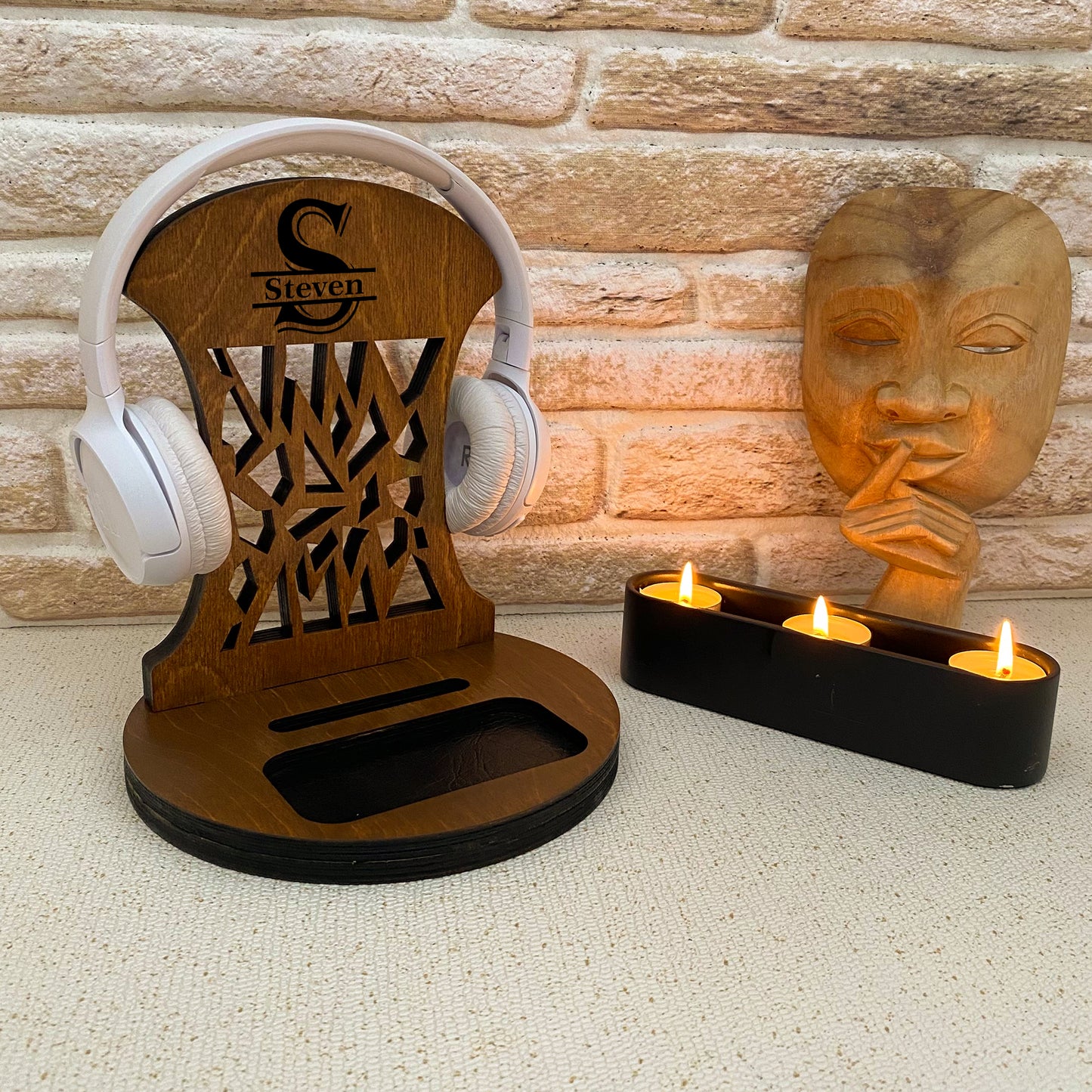 Personalized Wood Phone Stand and Headset Stand_Venocci